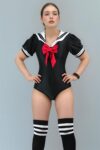 Sexy disfraz de colegiala asiatica seifuku negro moño pantyblusa calcetas DIZ41