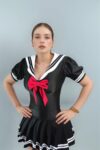 Sexy disfraz de colegiala asiatica seifuku negro moño pantyblusa calcetas DIZ41